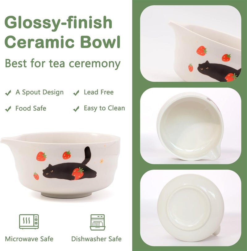 KOIMYSA Matcha Whisk Set, 5 Pcs Traditional Japanese Matcha Whisk Preparation Kit, White Glossy Ceramic Bowl with Black Cat and Strawberry Pattern - Image 2